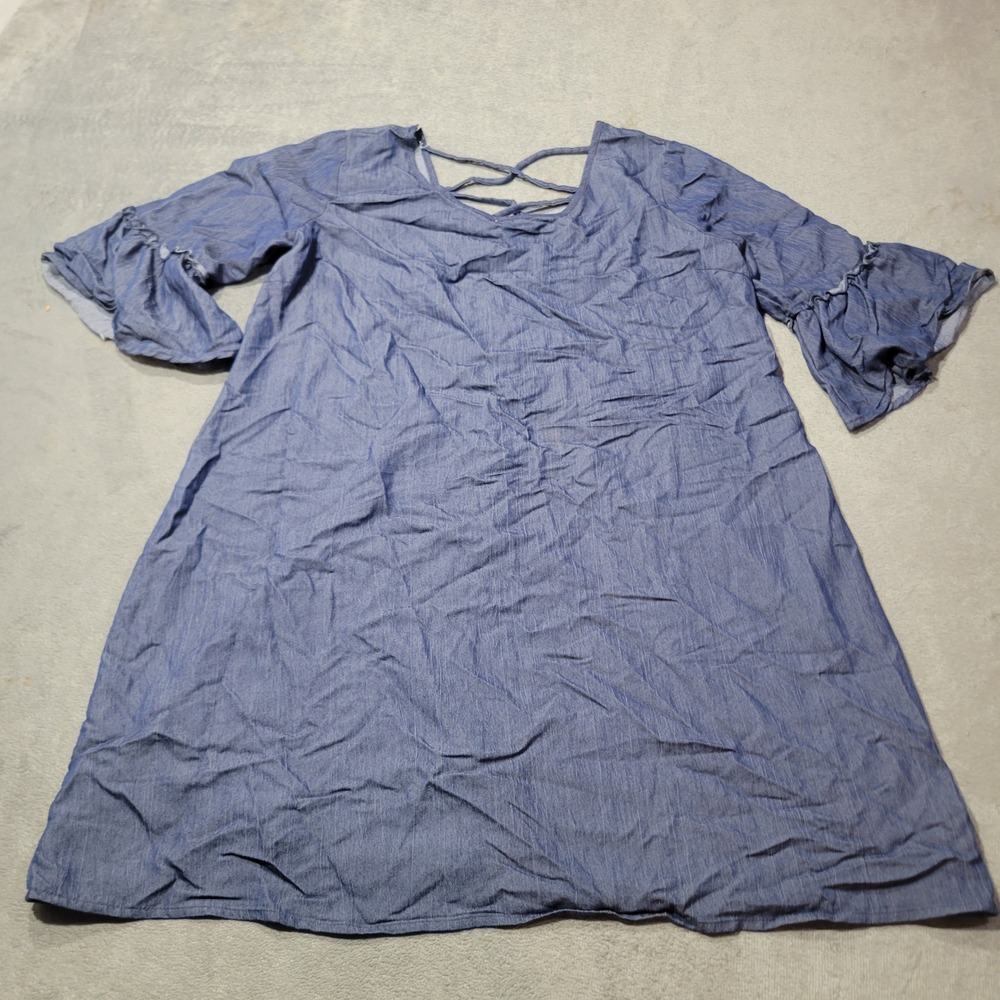 Naif Dress Womens Large Blue Shift Lattice Strappy Back‎ Ruffle Sleeve Chambray
